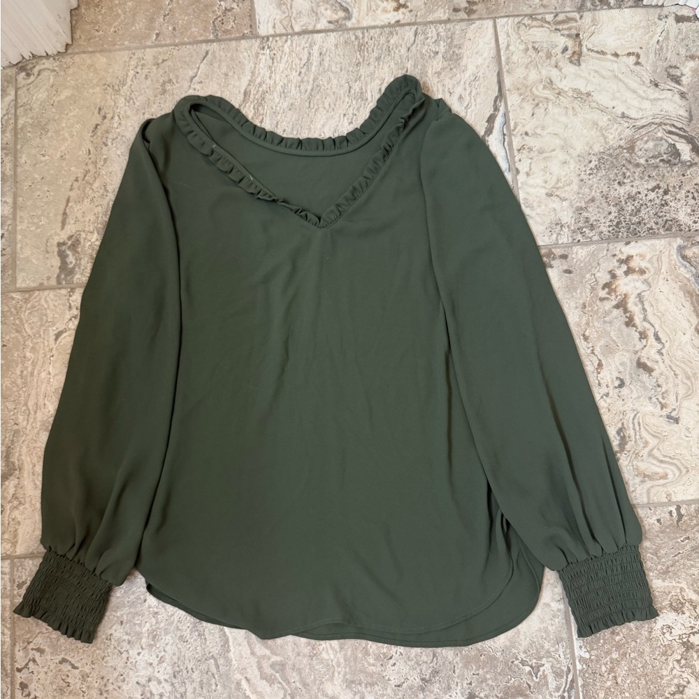 Used Size Small LOFT Green Blouse with Ruffle Neckline